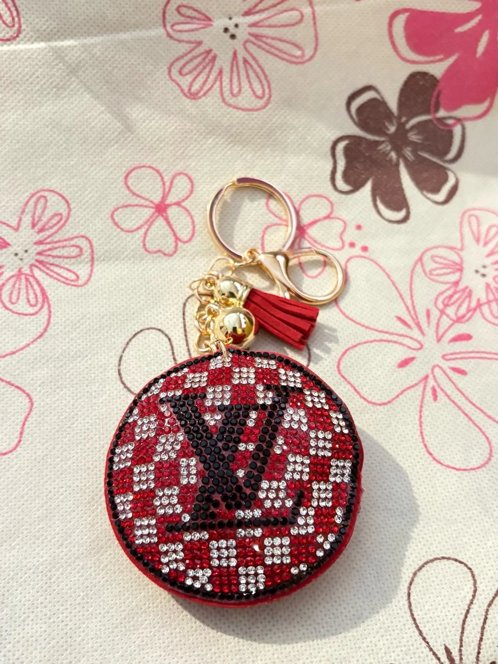 💙🆕💙 Red Checkered Crystal Keychain with LV Motif